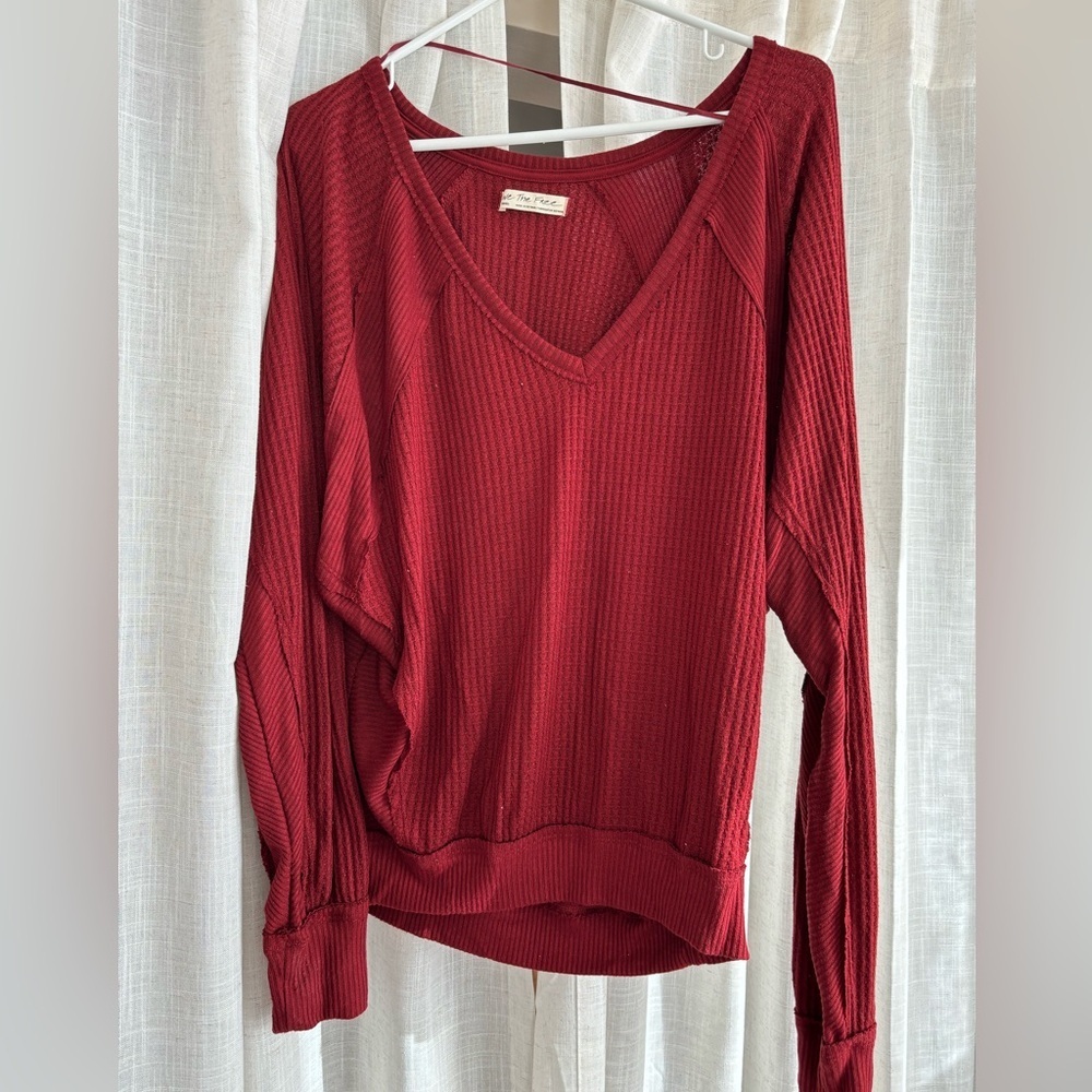 NWT | free people long sleeve, textured red v-neck shirt - Picture 2 of 5